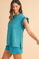 Skobeloff Textured Ruffle Split Top and Drawstring Shorts Set Two Piece Shorts Sets a3adee4b625c80e4