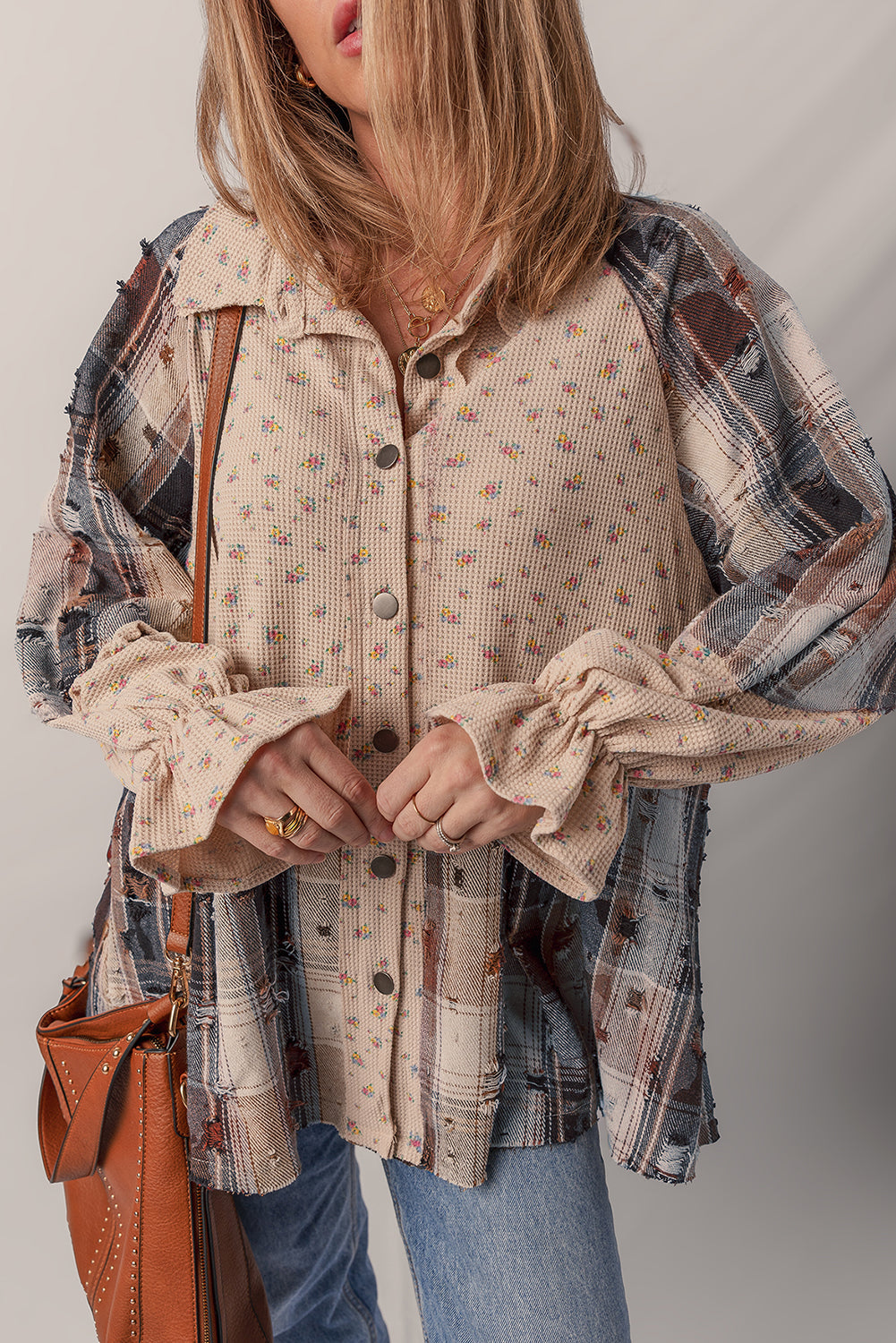 Ashleigh Blue Floral Plaid Patchwork Waffle Distressed Jacket Jackets a3c92c1324868db5