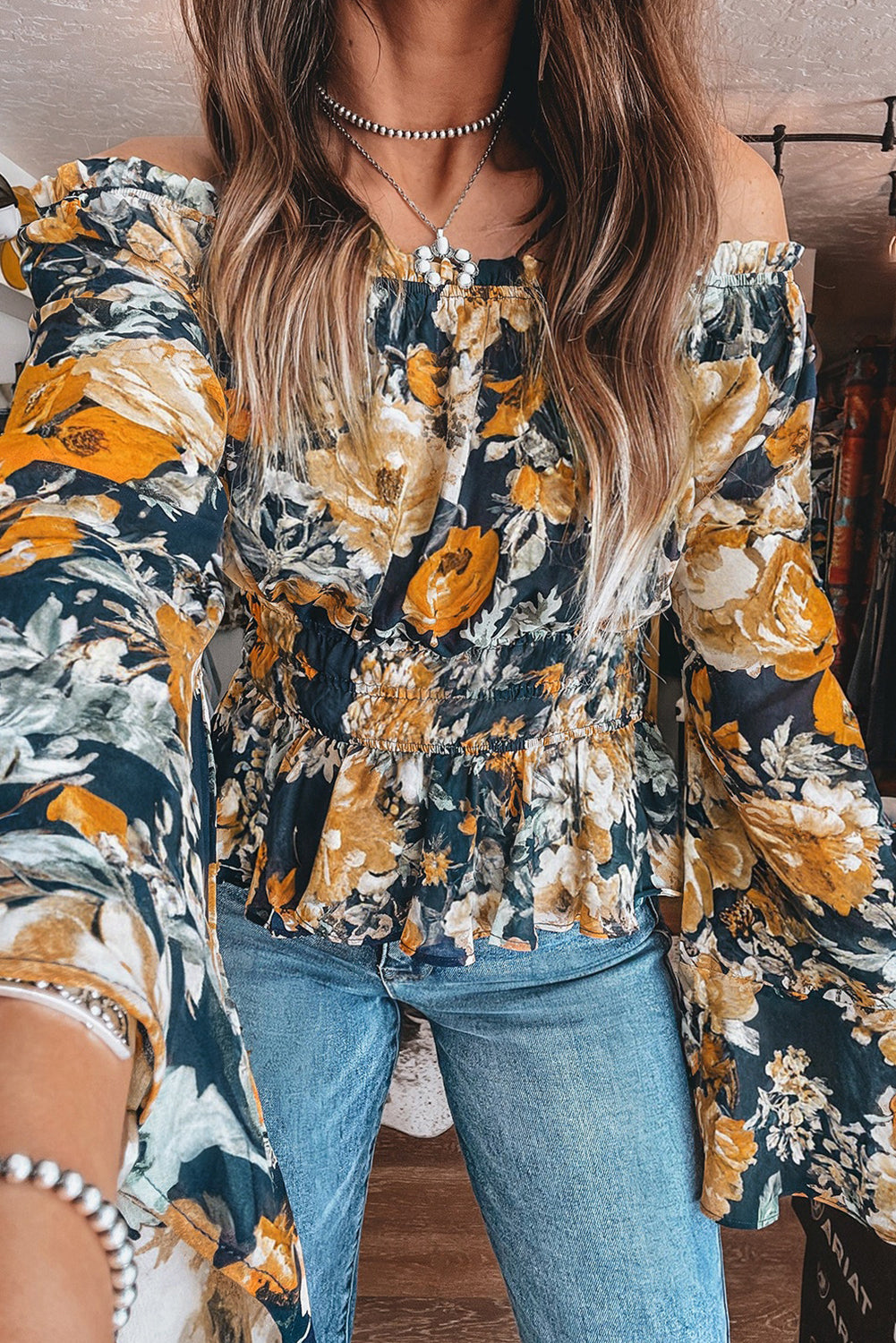 Blue Floral Off Shoulder Bell Sleeve Smocked Peplum Top Blouses a3eeac0c00e8bb61