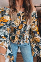 Blue Floral Off Shoulder Bell Sleeve Smocked Peplum Top Blouses a3eeac0c00e8bb61
