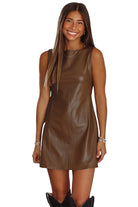 Coffee Faux Leather Sleeveless Round Neck Mini Dress Short Dresses a3f441b60c298344