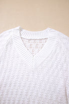 White Plain Knit Ribbed Edge V Neck Loose Sweater Sweaters a3f88996f4aa5dea