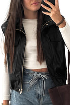 Black Double Flap Pocket Faux Leather Zip Up Stand Neck Vest Jackets a403ba2e0ab92243