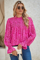 Rose Leopard Shirred Puff Sleeve Flowy Blouse Blouses a40b08b7809098c3