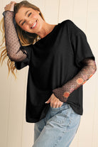 Black Floral Mesh Sleeve Fake Two-Piece Top Long Sleeve Tops a434fc8980ea869a