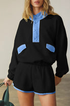 Black Colorblock Patchwork Half Button Pullover and Shorts Outfit Two Piece Shorts Sets a43589051ddec527