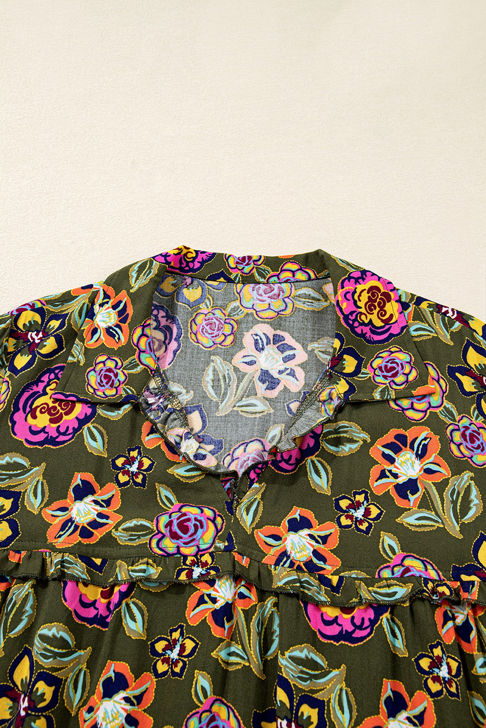 Green Floral Print Split Neck Bubble Sleeve Mini Dress Short Dresses a447e562e238b8fd