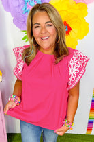 Strawberry Pink Floral Embroidered Flutter Sleeve Pleated Plus Size Blouse Plus Size Tops a44e78220ede7f9e