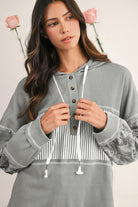 Cinnamon Striped Waffle Patchwork Drawstring Hooded Long Sleeve Top Long Sleeve Tops a45a2914c1aabf83