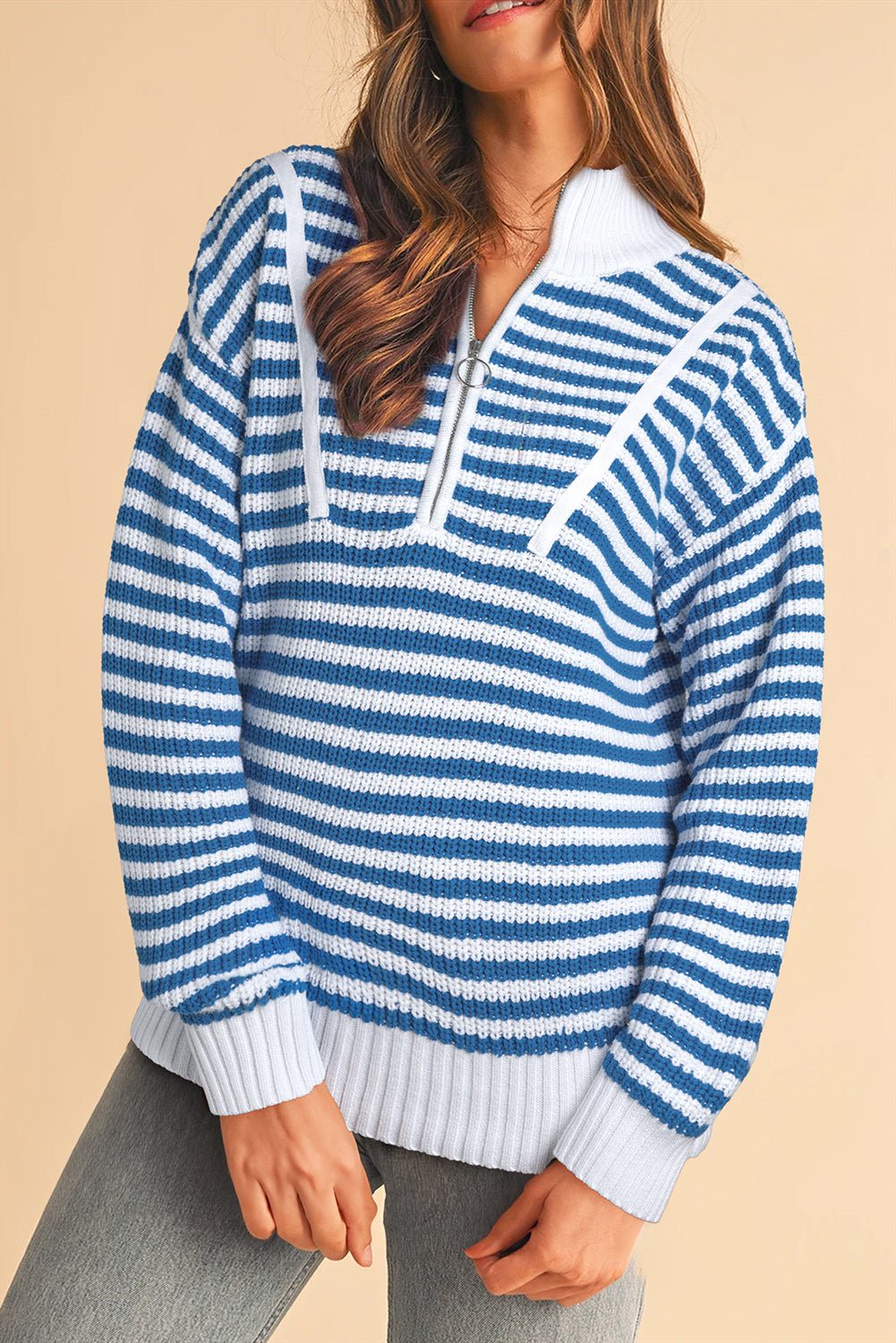 Sky Blue Stripe Zip up Collar Drop Sleeve Sweater Sweaters a49654fbaf864869