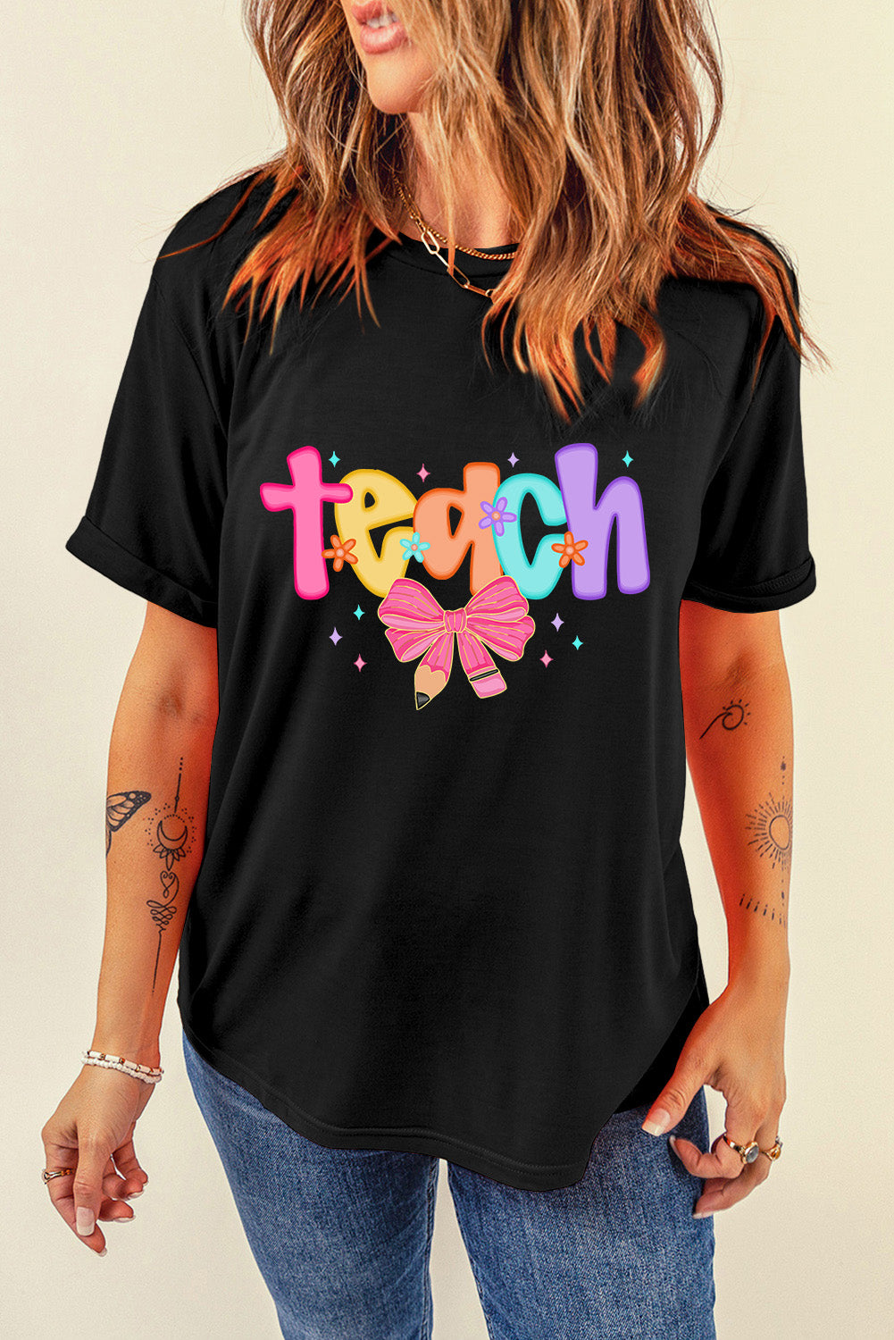 Black Teach Bow Heat Transfer Printing Graphic Holiday Tee Graphic Tees a4b6413e75fd3557