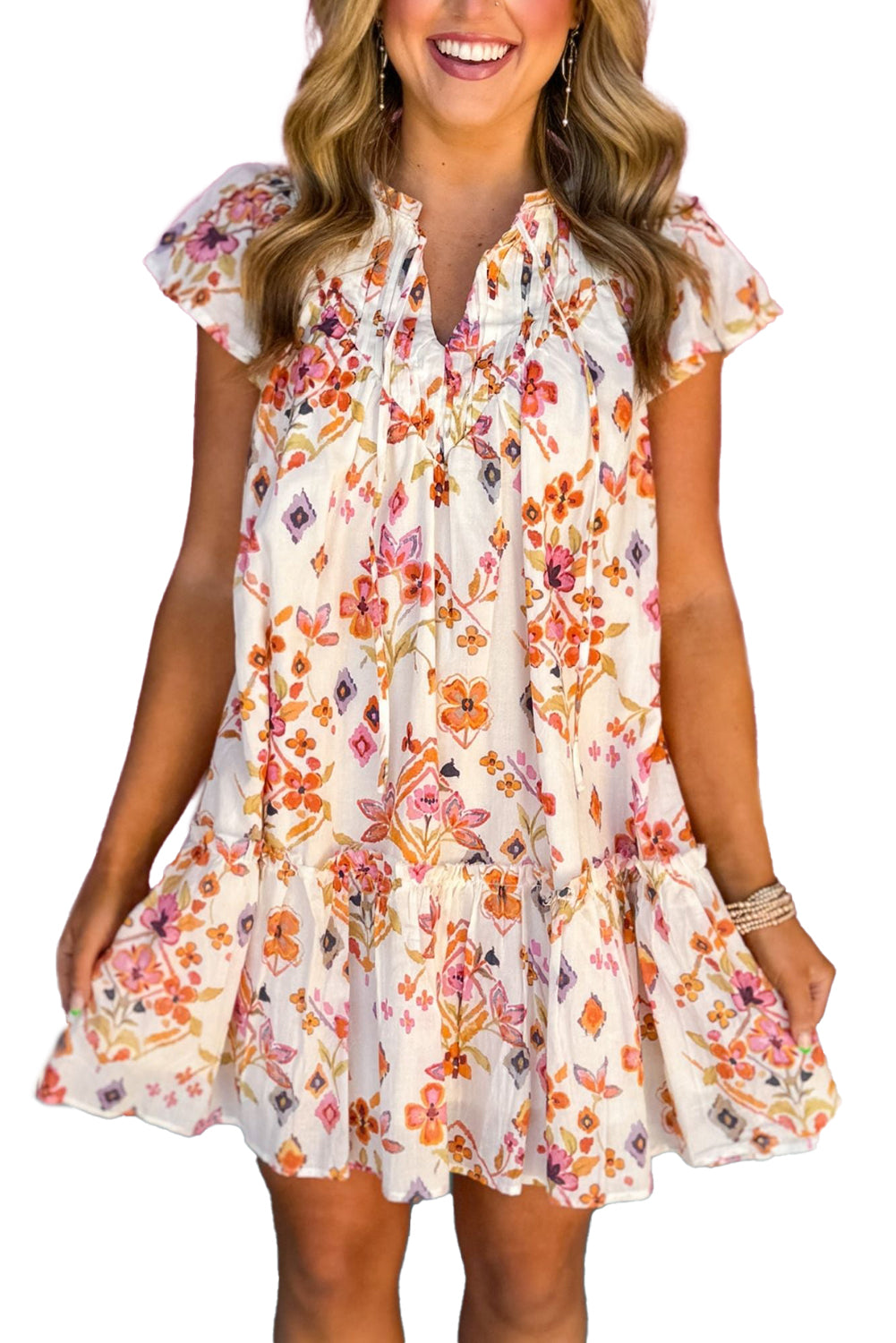 Apricot Floral Print Ruffled Trim Flutter Sleeve Mini Dress Short Dresses a4bd78b5c228a03c