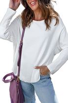 White Solid Color Waffle Ribbed Patchwork Dolman Sleeve Oversize Knit Top Knit Tops a4c6d13ca0661ad5