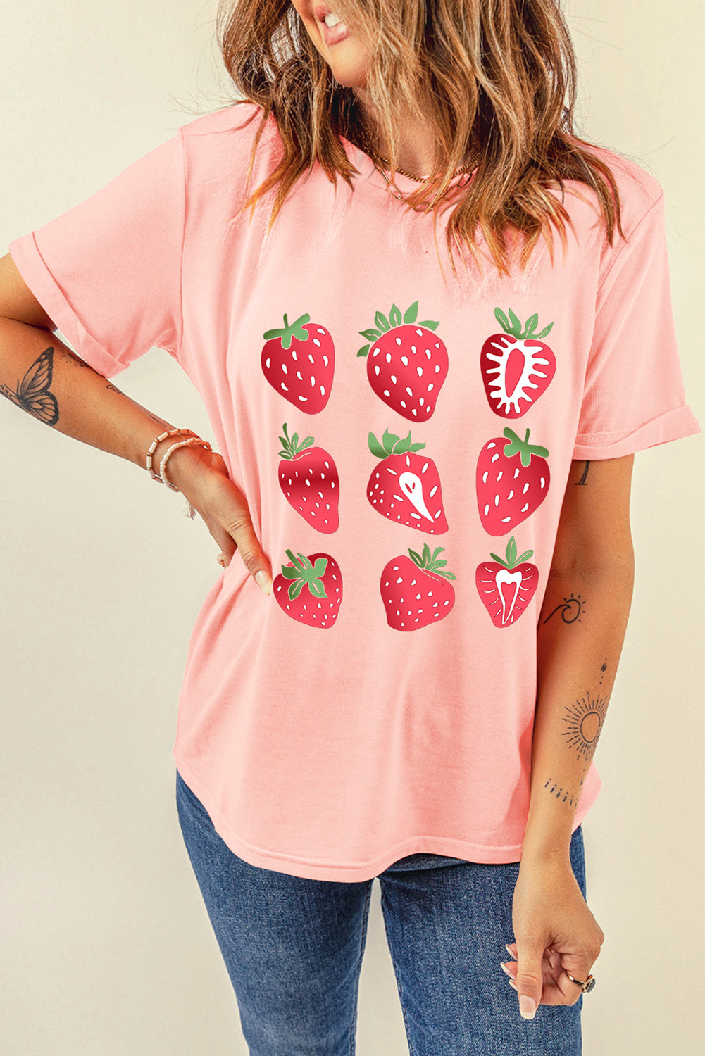 Pink Strawberry Fruit Pattern Heat Transfer Printing Graphic Tee Graphic Tees a4d4e6d3bfd17780