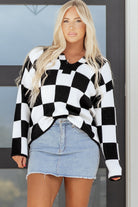 Black Checked Notched Neckline Drop Shoulder Knit Sweater Sweaters a5077a0ebe8996ae