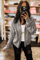 Gray Waffle Splicing Zip Up Front Button Hooded Jacket Jackets a511124cb21a1775