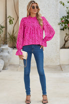 Rose Leopard Shirred Puff Sleeve Flowy Blouse Blouses a543bbda727830d2