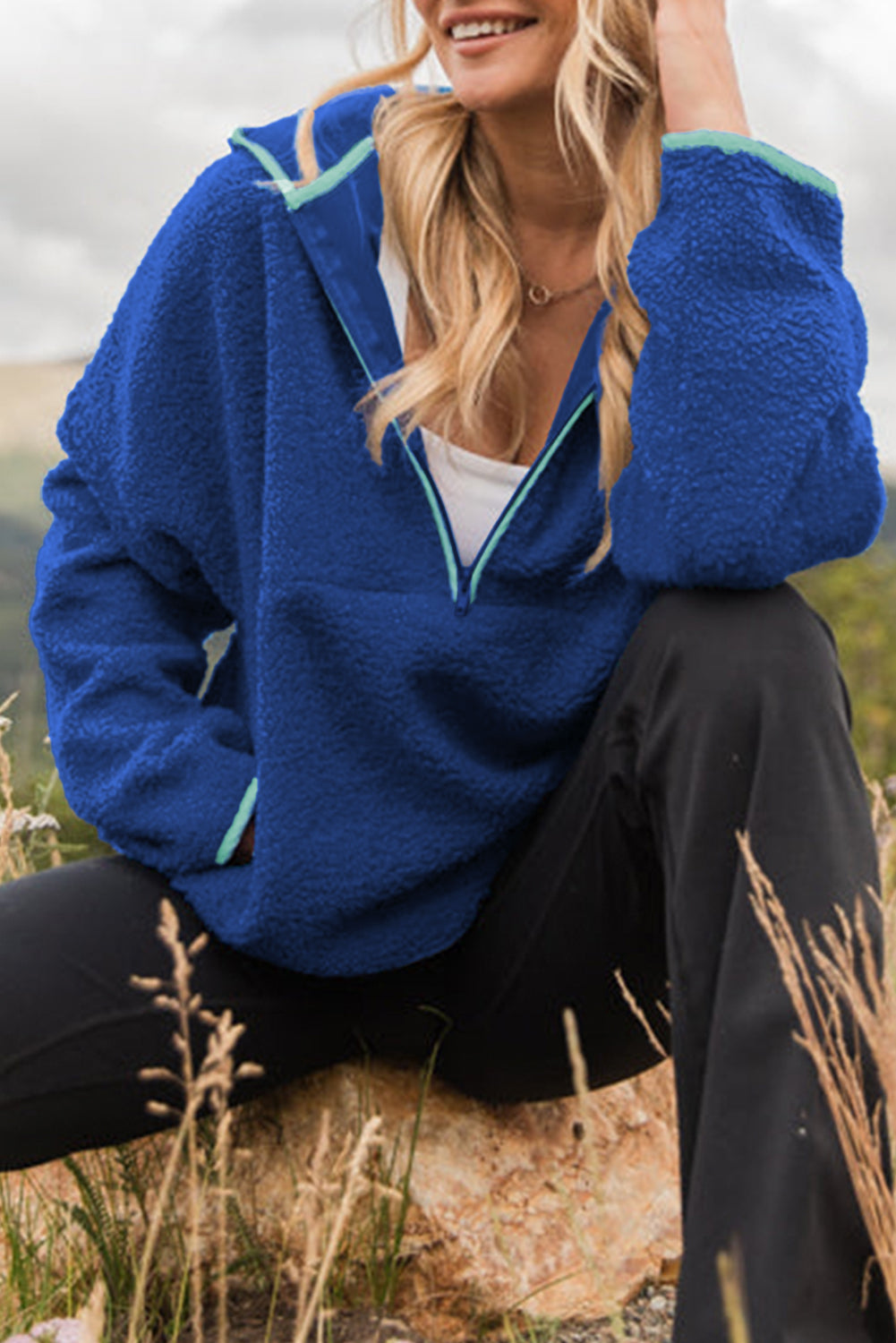 Sky Blue Sherpa Half Zip Contrast Trim Pullover Hoodie Sweatshirts & Hoodies a54e38a426f306f8