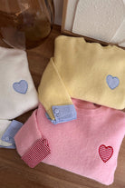 White Plaid Heart Embroidered Cuffed Drop Shoulder Crew Neck Sweater Sweaters a5601393e717ed59