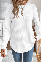 White Ribbed Texture Round Neck Long Sleeve Rounded Hem Top Long Sleeve Tops a5dffd8b6be7f1dc