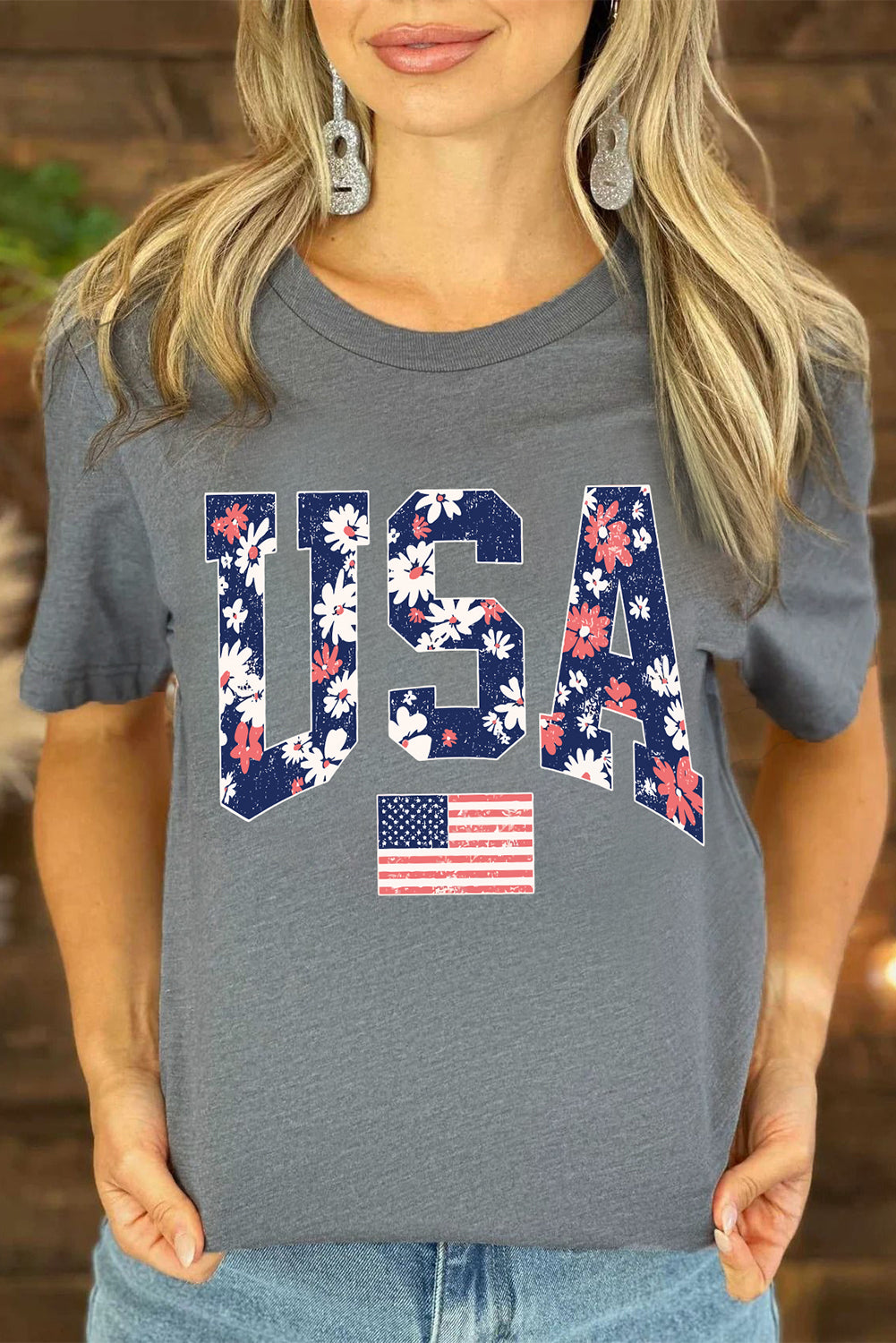 Gray Floral USA Flag Graphic Roll Up Sleeve Tee Graphic Tees a5e333f33e0c30e9
