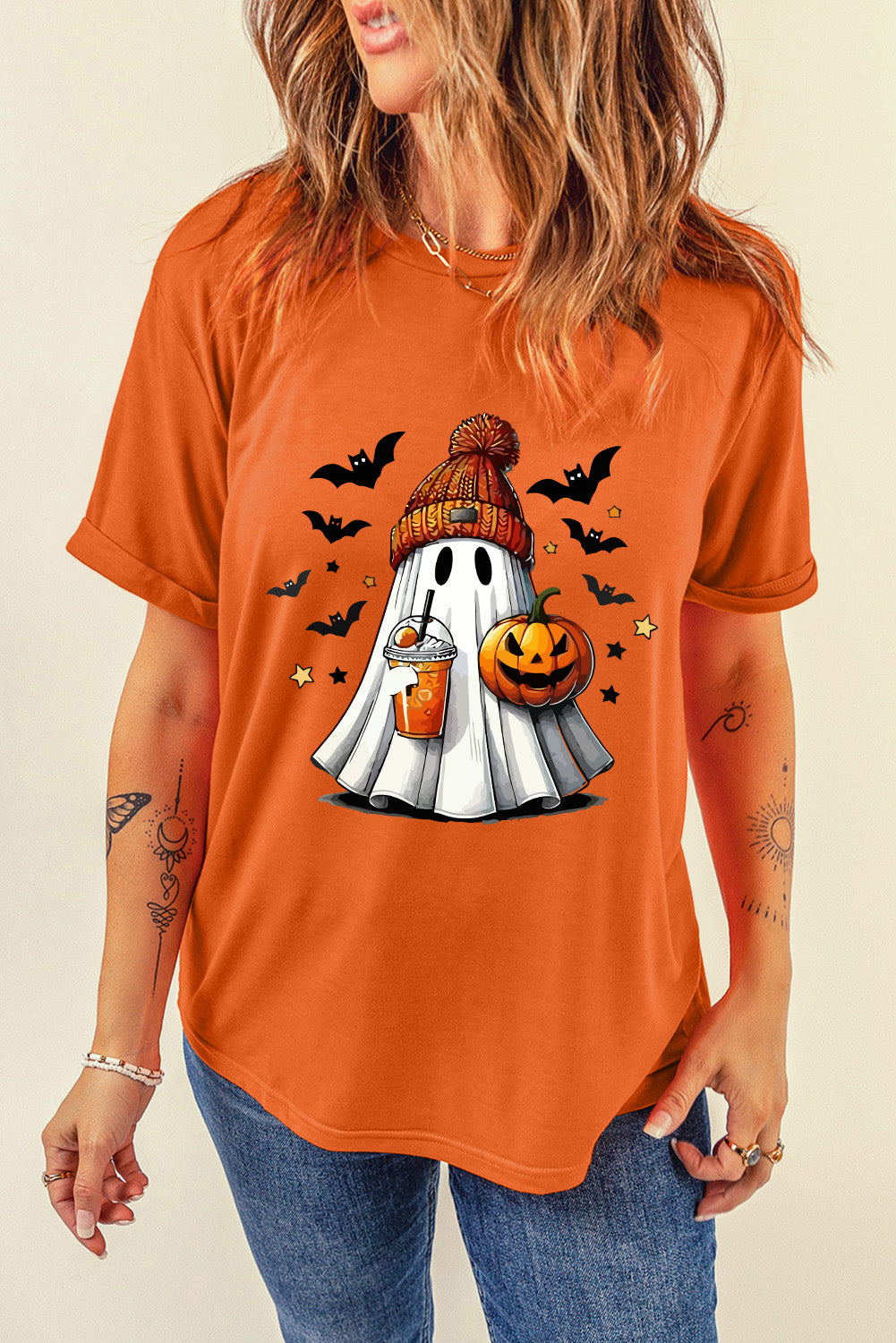 Orange Playful Halloween Ghost Pumpkin Heat Transfer Printing Tee Graphic Tees a5f3b6e28f93d3a1