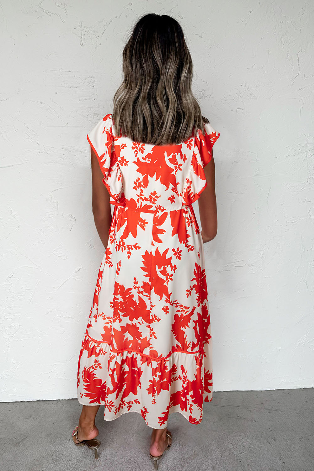 Red Floral Print Trimmed V Neck Ruffle Sleeve Maxi Dress Maxi Dresses a60a7d807b2a09b5