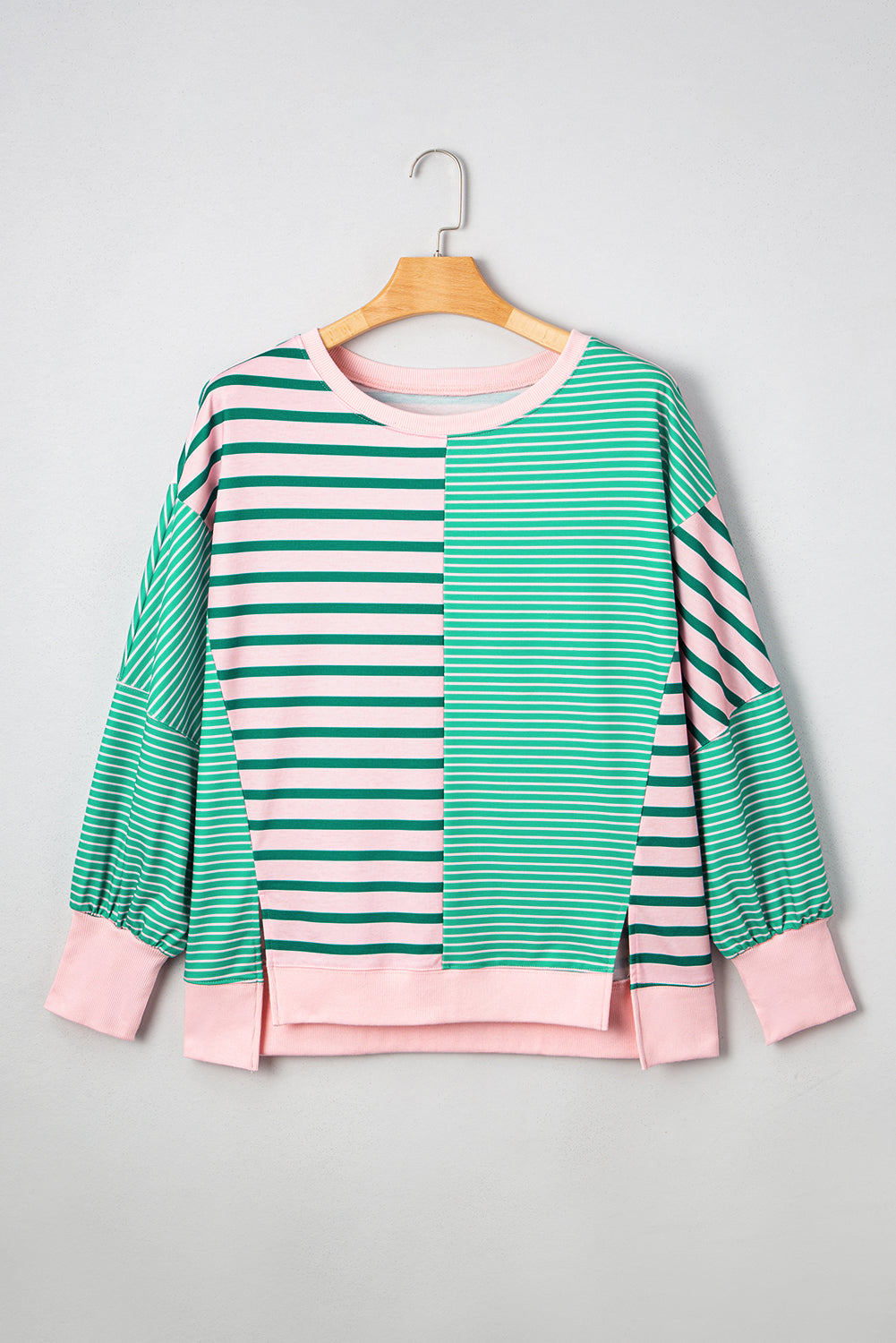 Green Stripe Colorblock Patchwork Side Slit Plus Size Sweatshirt Plus Size Tops a6379bb4c32c100f
