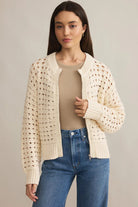Beige Hollowed Pattern Knit Zip Up Drop Shoulder Cardigan Cardigans a63cb941b5fb90e3