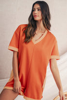 Russet Orange Two Tone Short Sleeve V Neck Patched Pocket Loose Romper Rompers a64169bf7742ab40
