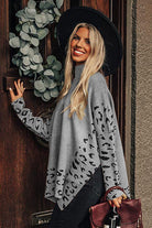 Gray Leopard Casual Side Slit High Neck Oversized Sweater Sweaters a673e42ed946d343