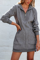 Dark Grey Zip up Collared Ribbed Patchwork Sweatshirt Dress with Pockets Mini Dresses a6761cc621398fc4
