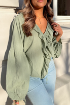 Meadow Mist Green Bow Tie Front Ruffle Trim V Neck Long Sleeve Blouse Blouses a6766dbb5107a707