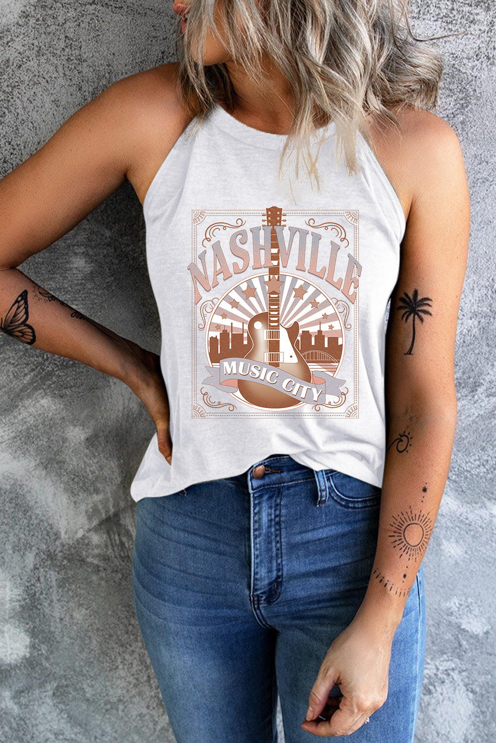 White NASHVILLE MUSIC CITY Guitar Graphic Tank Top Graphic Tees a67e9c6f992f277d