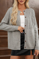 Gray Solid Color Textured Detail Button Down Long Sleeve Sweater Cardigan Cardigans a68fbfce87cf54ab
