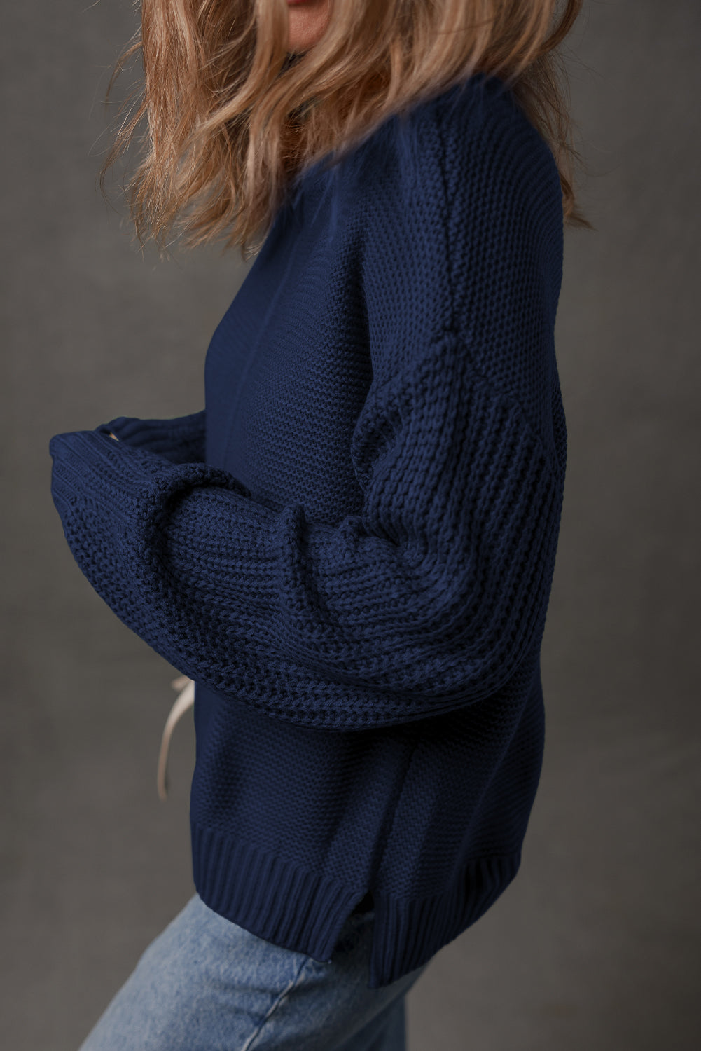 Dirty blue Solid Color Front Seam Drop Shoulder Loose Sweater Sweaters a692079b810a9323