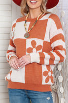 Brown 60s Floral Checkered and Striped Knitted Pullover Sweater Sweaters a6d7593b1ed97131