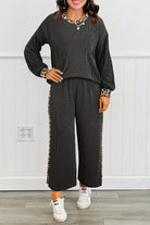 Carbon Grey Twisted Rib Leopard Patchwork Detail 2pcs Pants Set Two Piece Pants Sets a6e30ea35522d6e6