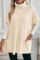 Jet Stream Plain Knit Casual Turtleneck Short Sleeve Tunic Sweater with Pockets Sweaters a71b9d7ebc8f55ab