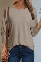 Simply Taupe Shirred Cuffs Solid Long Sleeve T Shirt Long Sleeve Tops a71f53cdd5bd763d