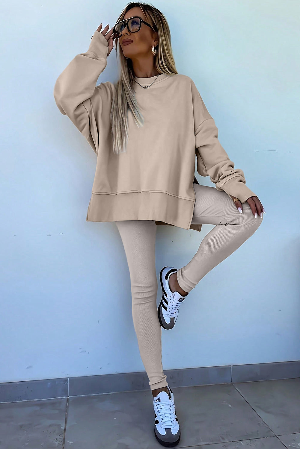 Green Bay Solid Color Oversize Slit Sweatshirt Ribbed Leggings Set Two Piece Pants Sets a722215fbb8054e0