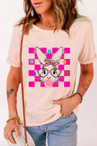 Pink Easter Rabbit Checkered Flower Graphic O Neck T Shirt Graphic Tees a72edbb07232cd18