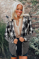 Black Plaid Patchwork Drawstring Hooded Raw Hem Shacket Jackets a75a08b806723c94