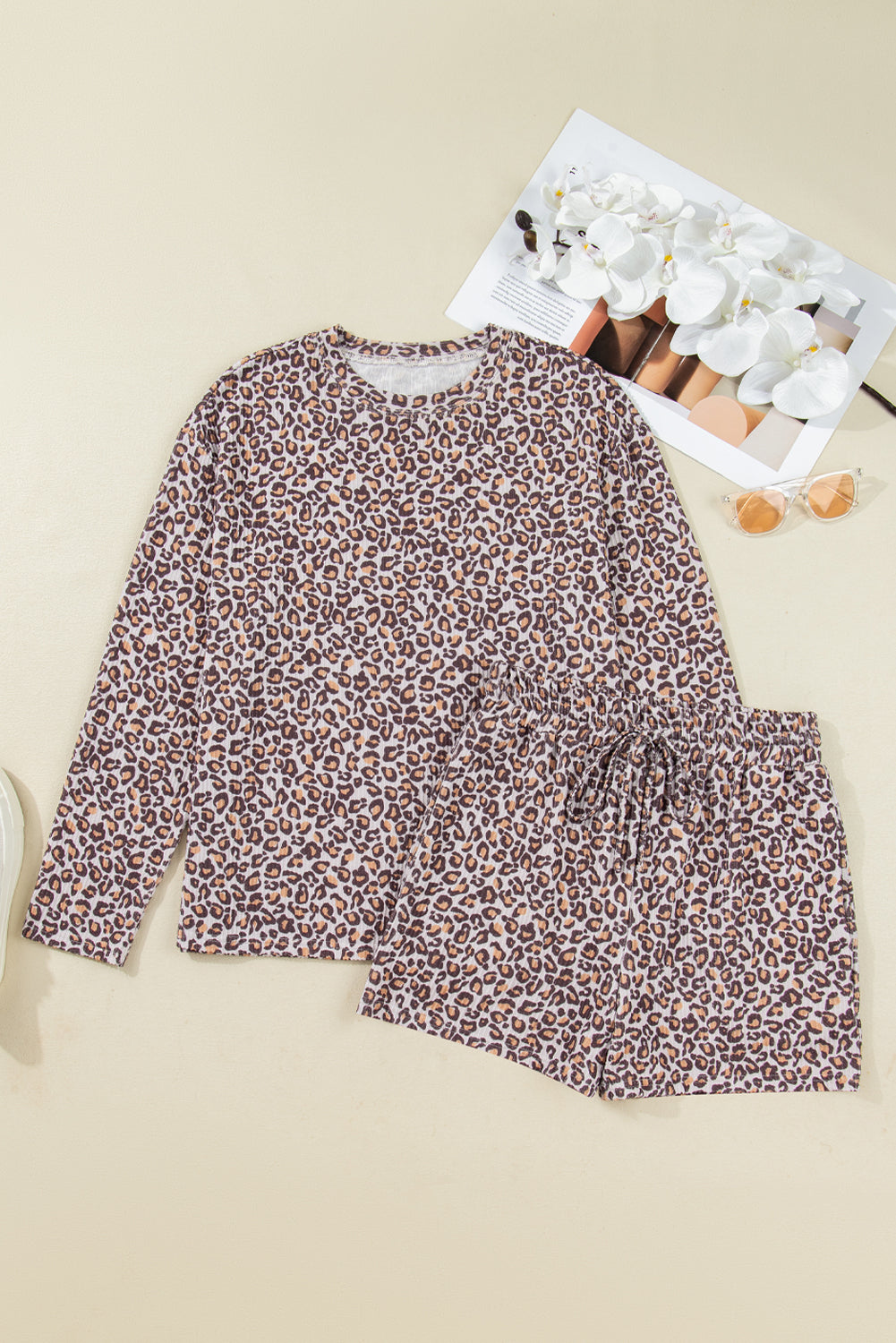 Khaki Leopard Ribbed Long Sleeve Top Drawstring Shorts 2pcs Outfit Short Sets a774e5a8d590043c