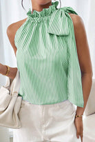 Green Striped Frill Neck Tie Knot Sleeveless Top Sleeveless Shirts a77a589b97cb1ceb