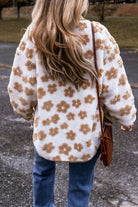 Light French Beige Cute Flower Pattern Button Up Fleece Jacket Jackets a77e152bd6945d3f