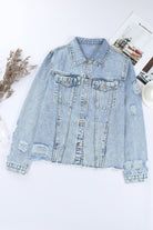 Light Blue Distressed Ripped Raw Hem Buttons Denim Jacket Jackets a7be456583645ef1
