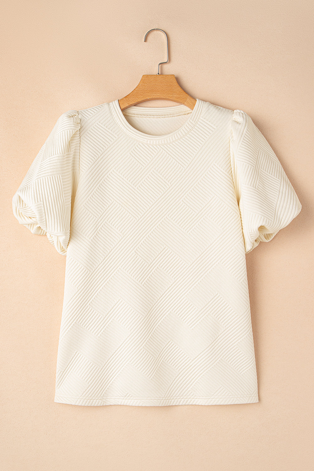 Oatmeal Solid Color Textured Puff Sleeve T-shirt T Shirts a7cfa2c50f6530e4
