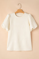 Oatmeal Solid Color Textured Puff Sleeve T-shirt T Shirts a7cfa2c50f6530e4