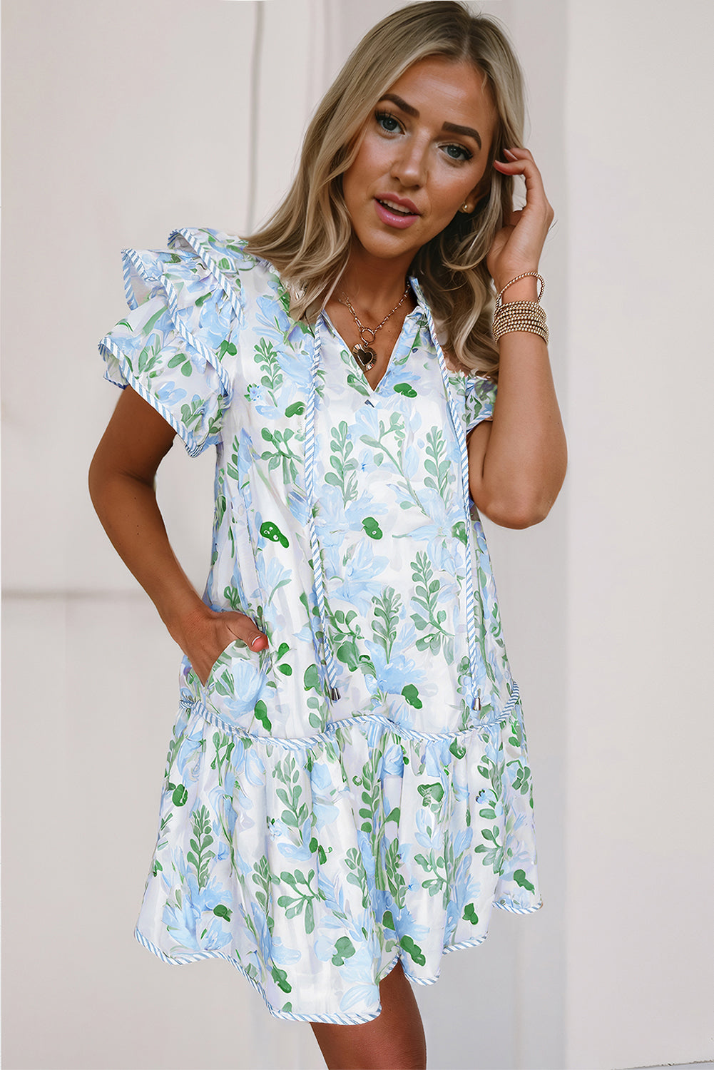 Sky Blue Floral Contrast Edge Ruffle Sleeve Tie Neck Mini Dress Short Dresses a7deaf00219f308f